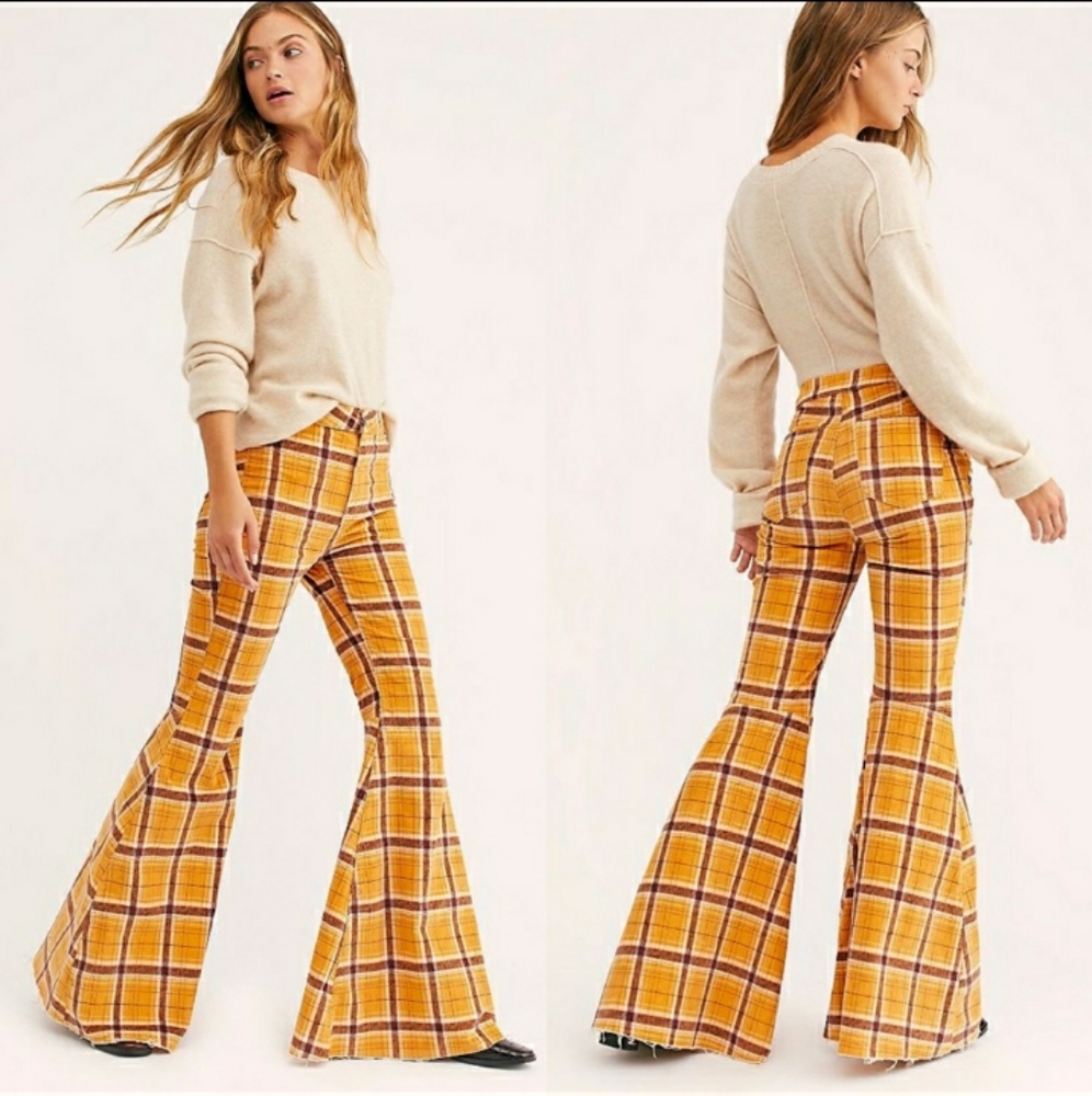 Free People Yellow Plaid Flare Pants